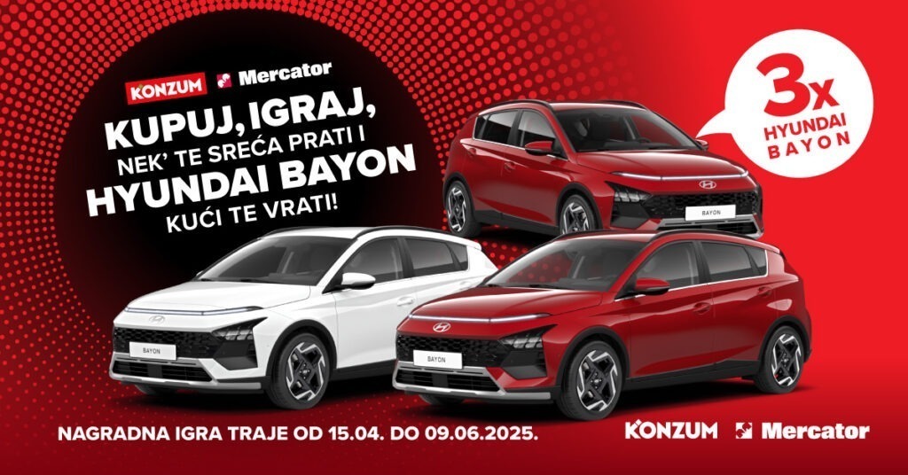 Konzum i Mercator kupcima poklanjaju tri automobila Hyundai Bayon