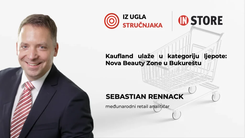 Kaufland Beauty Zone u hipermarketu u Bukureštu s osvijetljenim policama i Bevola elementom na kraju gondole